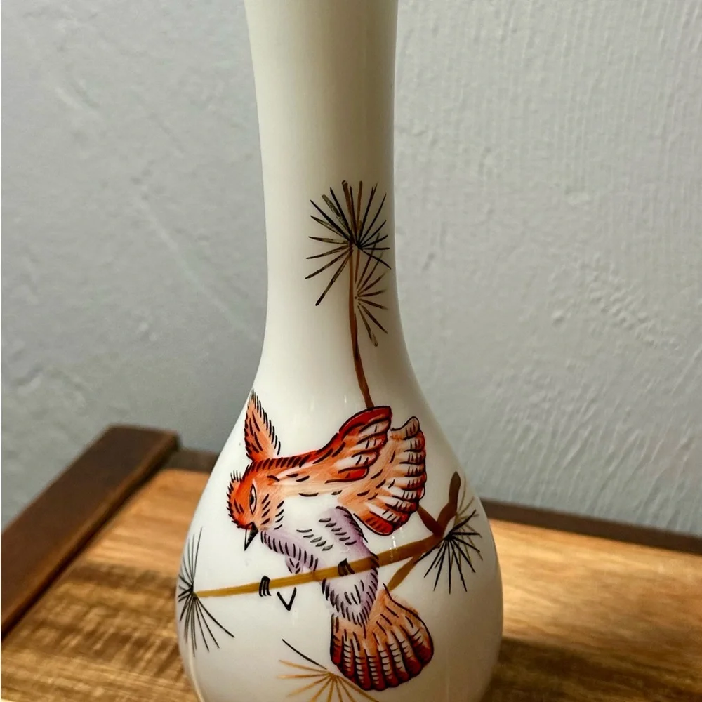 White Ceramic Bud Vase with Gold Trim and Orange Bird Motif